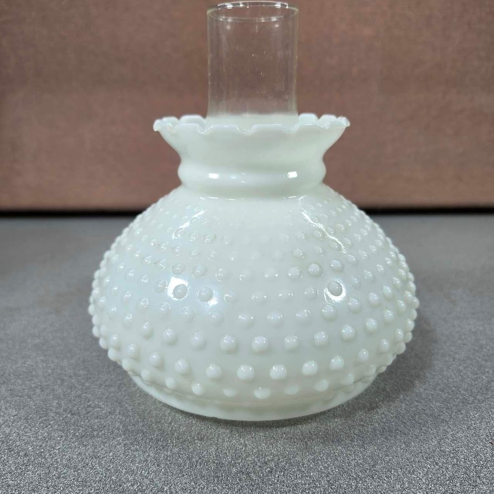 Fenton Hurricane Lamp Shade White Hobnail Milk Glass Ruffled Top Excellent